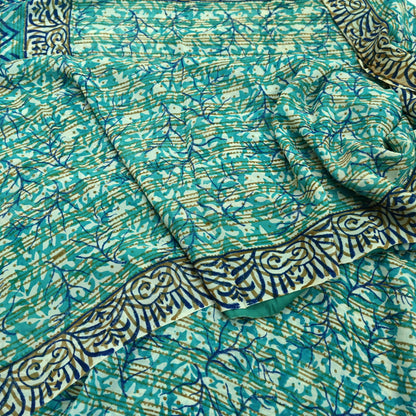 Women Vintage Sari Ivory & Green 100% Pure Georgette Silk Block Printed Saree Craft Fabric Sewing 5Yd Soft Sari Dress Making Quilting