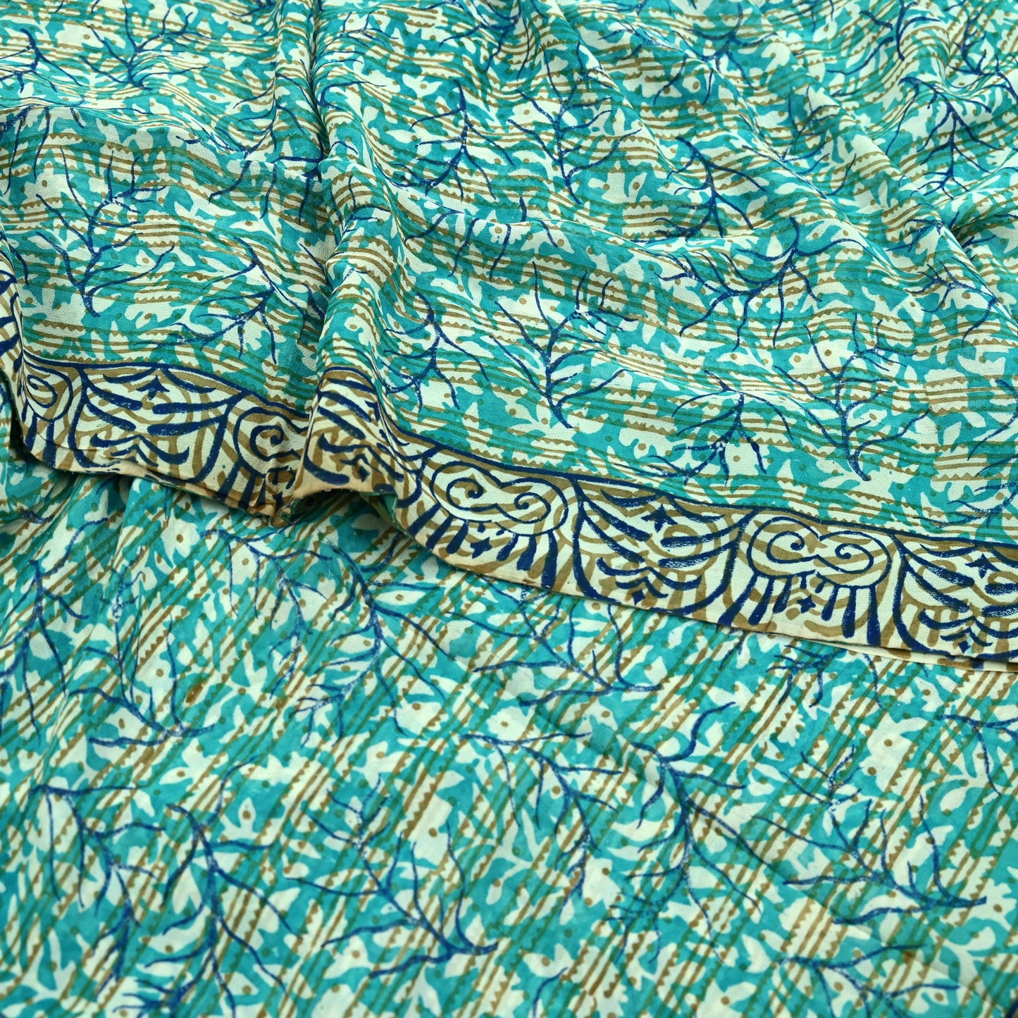 Women Vintage Sari Ivory & Green 100% Pure Georgette Silk Block Printed Saree Craft Fabric Sewing 5Yd Soft Sari Dress Making Quilting