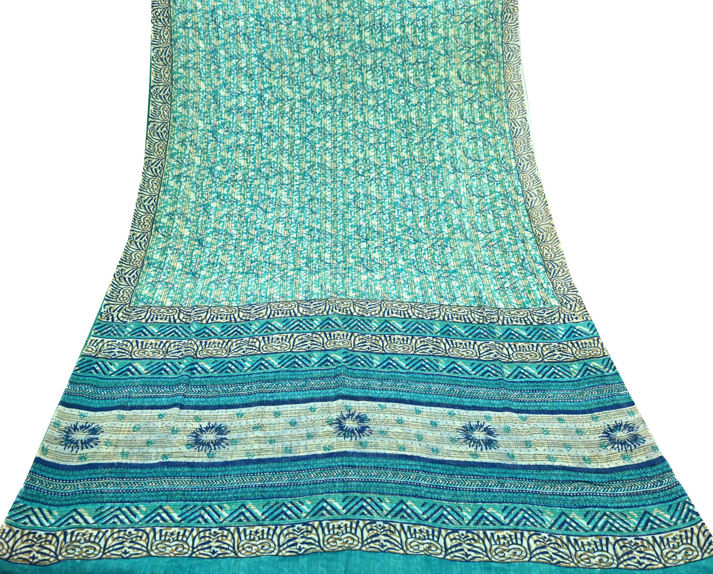 Women Vintage Sari Ivory & Green 100% Pure Georgette Silk Block Printed Saree Craft Fabric Sewing 5Yd Soft Sari Dress Making Quilting