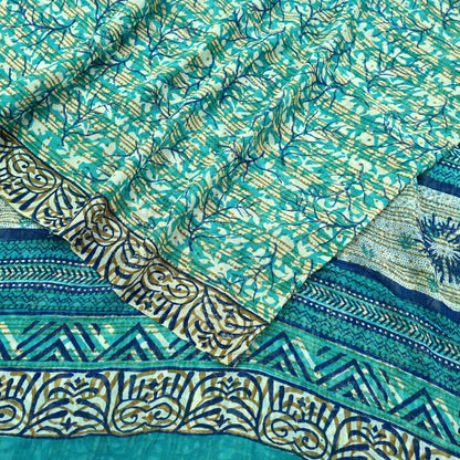 Women Vintage Sari Ivory & Green 100% Pure Georgette Silk Block Printed Saree Craft Fabric Sewing 5Yd Soft Sari Dress Making Quilting