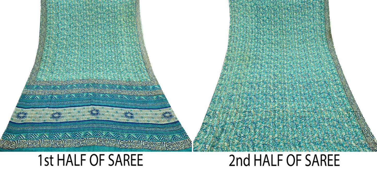 Women Vintage Sari Ivory & Green 100% Pure Georgette Silk Block Printed Saree Craft Fabric Sewing 5Yd Soft Sari Dress Making Quilting