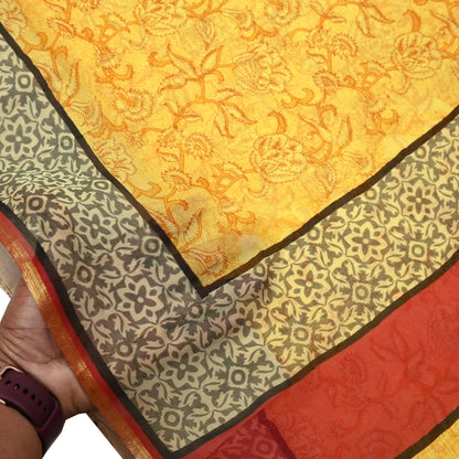 Indian Women Vintage Sari Yellow Blend Chiffon Printed Saree Sewing 5yd Soft Craft Fabric Floral Design Wrap Boho Zari Dress making Crafting