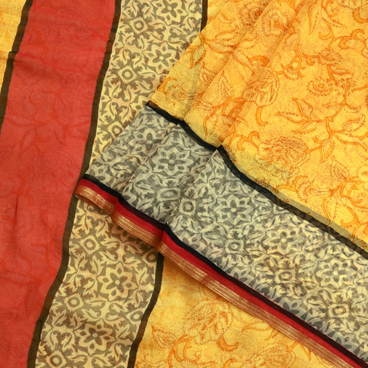 Indian Women Vintage Sari Yellow Blend Chiffon Printed Saree Sewing 5yd Soft Craft Fabric Floral Design Wrap Boho Zari Dress making Crafting