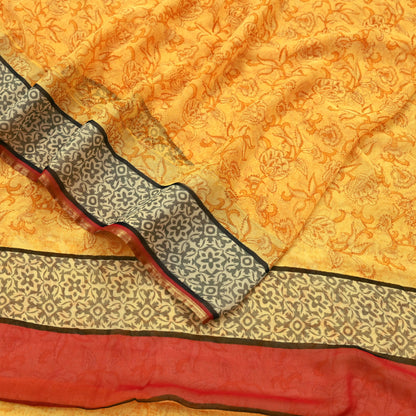 Indian Women Vintage Sari Yellow Blend Chiffon Printed Saree Sewing 5yd Soft Craft Fabric Floral Design Wrap Boho Zari Dress making Crafting