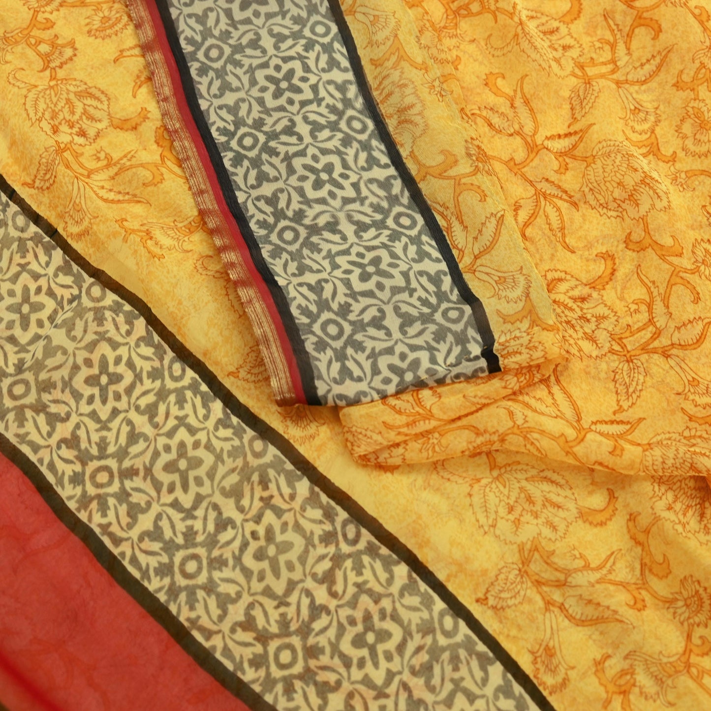 Indian Women Vintage Sari Yellow Blend Chiffon Printed Saree Sewing 5yd Soft Craft Fabric Floral Design Wrap Boho Zari Dress making Crafting