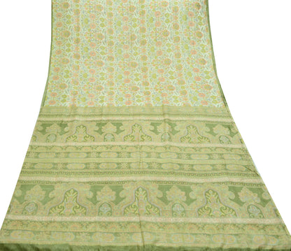 Indian Vintage Ivory & Green Saree Pure Silk Printed Sari 6yd Sewing Craft Fabric Dress Making Soft Crafting Quilting Quilting Upcycle