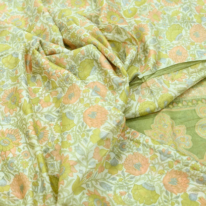 Indian Vintage Ivory & Green Saree Pure Silk Printed Sari 6yd Sewing Craft Fabric Dress Making Soft Crafting Quilting Quilting Upcycle