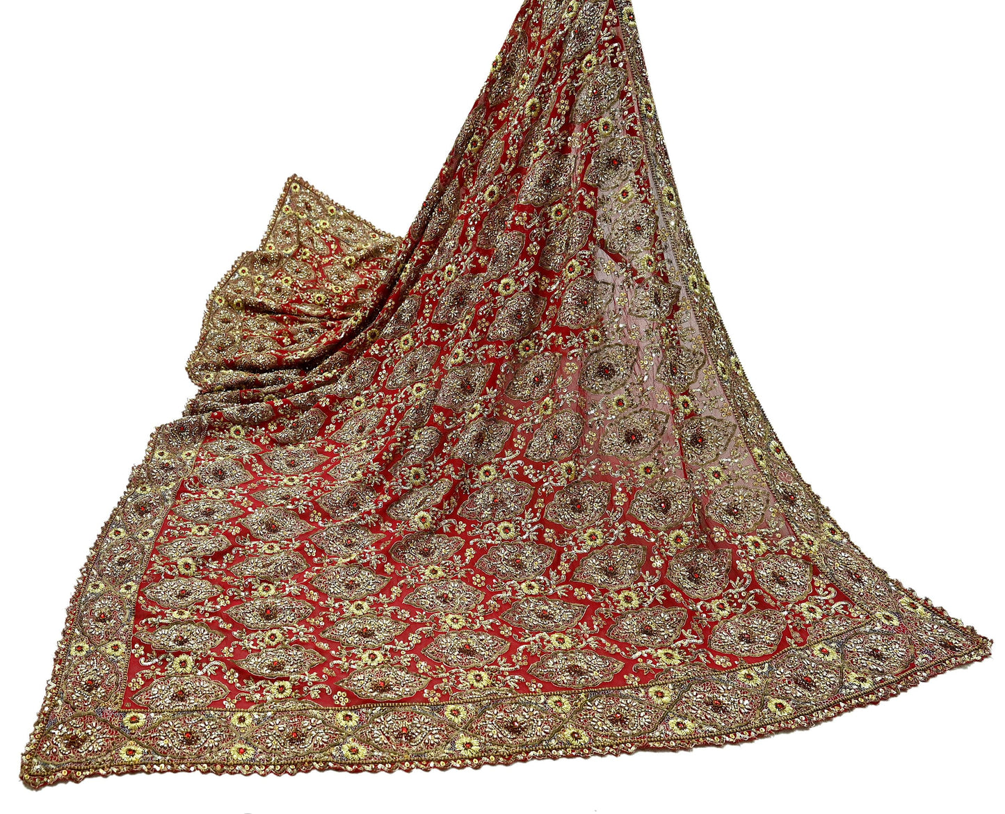 Indian Vintage Heavy Red Dupatta Pure Georgette Silk Long Stole Hand Embroidered Scarf Zardozi/Dabka Bridal/Wedding Veil Hijab