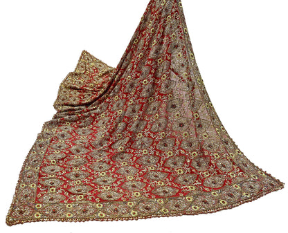 Indian Vintage Heavy Red Dupatta Pure Georgette Silk Long Stole Hand Embroidered Scarf Zardozi/Dabka Bridal/Wedding Veil Hijab