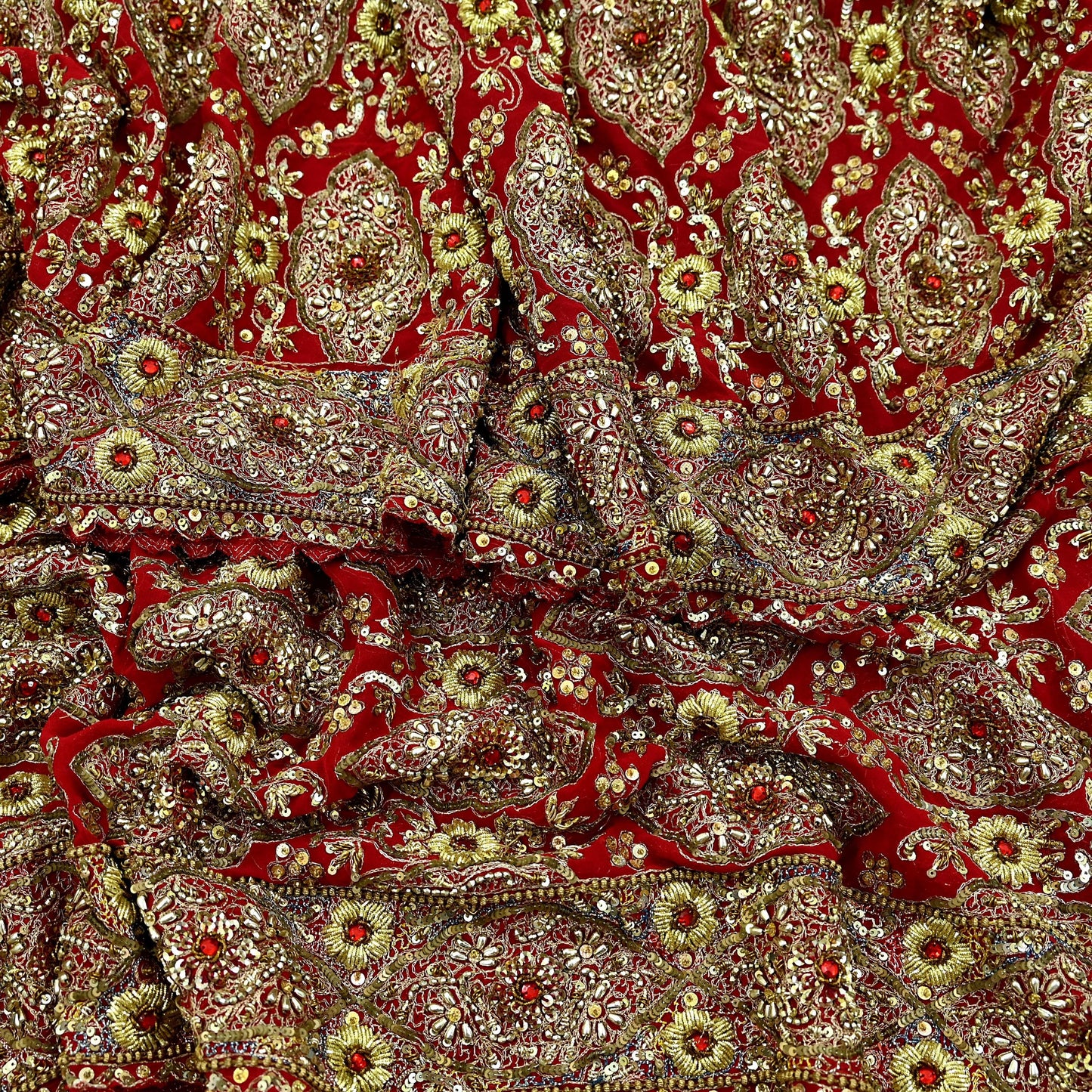 Indian Vintage Heavy Red Dupatta Pure Georgette Silk Long Stole Hand Embroidered Scarf Zardozi/Dabka Bridal/Wedding Veil Hijab