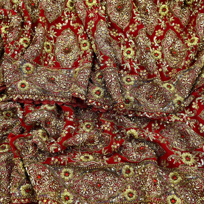 Indian Vintage Heavy Red Dupatta Pure Georgette Silk Long Stole Hand Embroidered Scarf Zardozi/Dabka Bridal/Wedding Veil Hijab