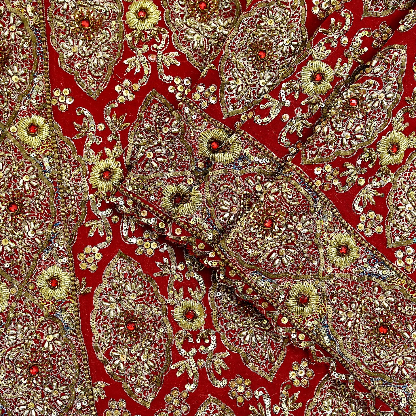 Indian Vintage Heavy Red Dupatta Pure Georgette Silk Long Stole Hand Embroidered Scarf Zardozi/Dabka Bridal/Wedding Veil Hijab