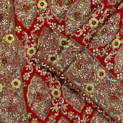 Indian Vintage Heavy Red Dupatta Pure Georgette Silk Long Stole Hand Embroidered Scarf Zardozi/Dabka Bridal/Wedding Veil Hijab