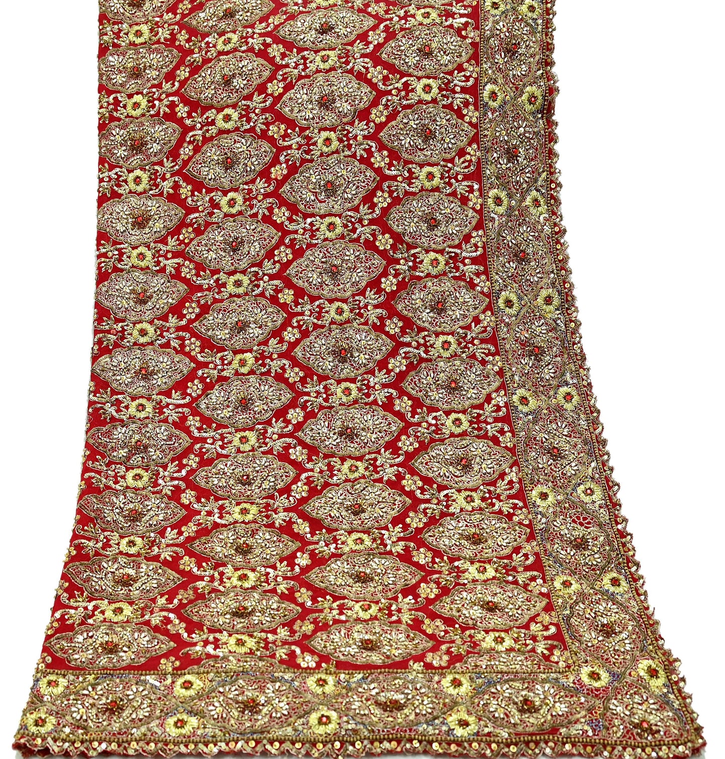 Indian Vintage Heavy Red Dupatta Pure Georgette Silk Long Stole Hand Embroidered Scarf Zardozi/Dabka Bridal/Wedding Veil Hijab