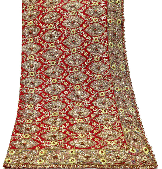 Indian Vintage Heavy Red Dupatta Pure Georgette Silk Long Stole Hand Embroidered Scarf Zardozi/Dabka Bridal/Wedding Veil Hijab