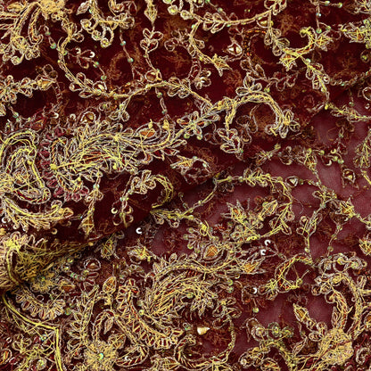 Indian Vintage Heavy Wedding Maroon Dupatta Net Mesh Long Stole Hand Embroidered Scarves Golden Zardozi Zari Sequins Dridal Veil Hijab