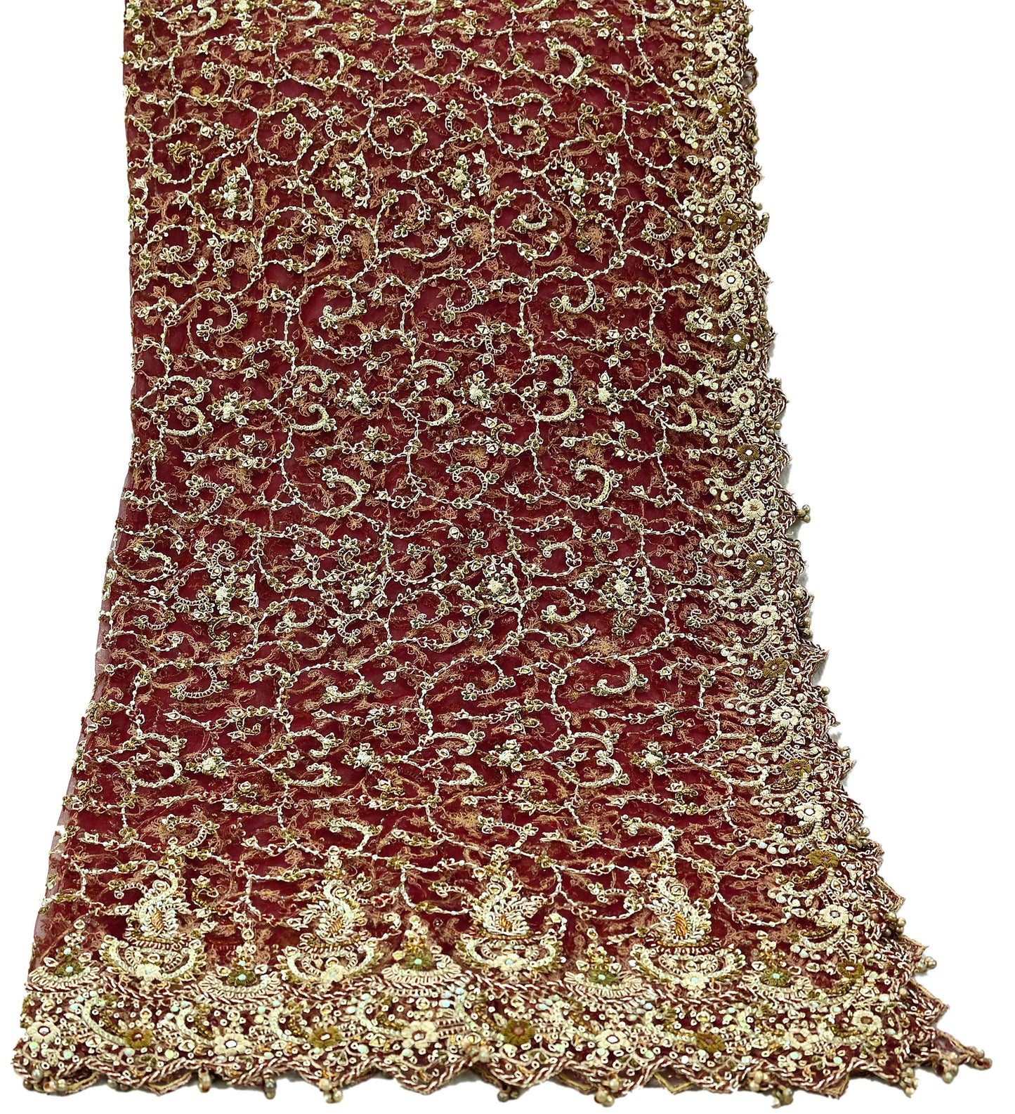 Indian Vintage Heavy Wedding Maroon Dupatta Net Mesh Long Stole Hand Embroidered Scarves Golden Zardozi Zari Sequins Dridal Veil Hijab
