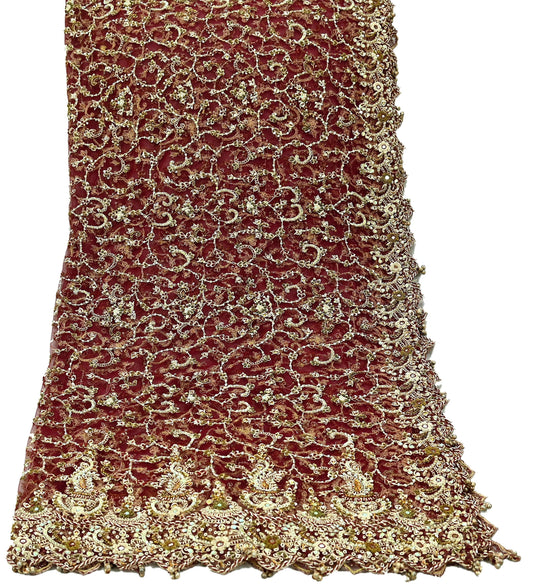 Indian Vintage Heavy Wedding Maroon Dupatta Net Mesh Long Stole Hand Embroidered Scarves Golden Zardozi Zari Sequins Dridal Veil Hijab