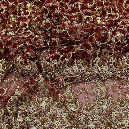 Indian Vintage Heavy Wedding Maroon Dupatta Net Mesh Long Stole Hand Embroidered Scarves Golden Zardozi Zari Sequins Dridal Veil Hijab