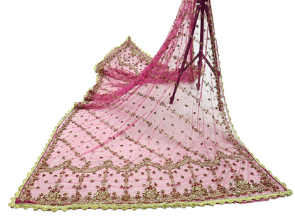 Indian Vintage Pink Dupatta Net Mesh Long Stole Hand Embroidered Scarves Golden Zardozi Zari Sequins Wedding/ Bridal Veil Hijab
