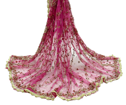 Indian Vintage Pink Dupatta Net Mesh Long Stole Hand Embroidered Scarves Golden Zardozi Zari Sequins Wedding/ Bridal Veil Hijab