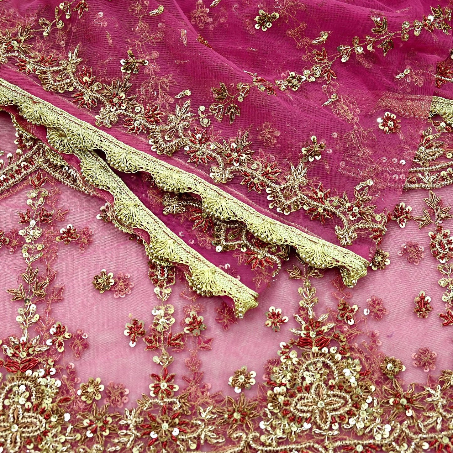 Indian Vintage Pink Dupatta Net Mesh Long Stole Hand Embroidered Scarves Golden Zardozi Zari Sequins Wedding/ Bridal Veil Hijab