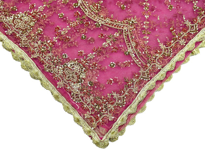 Indian Vintage Pink Dupatta Net Mesh Long Stole Hand Embroidered Scarves Golden Zardozi Zari Sequins Wedding/ Bridal Veil Hijab