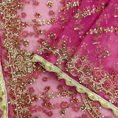 Indian Vintage Pink Dupatta Net Mesh Long Stole Hand Embroidered Scarves Golden Zardozi Zari Sequins Wedding/ Bridal Veil Hijab