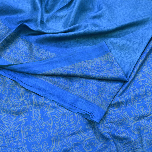 Indian Vintage Sari Blue Printed Sari Pure Silk Saree Craft Fabric Sewing 6yd Floral Soft Floral Wrap Sarong Dress making Crafting Quilting