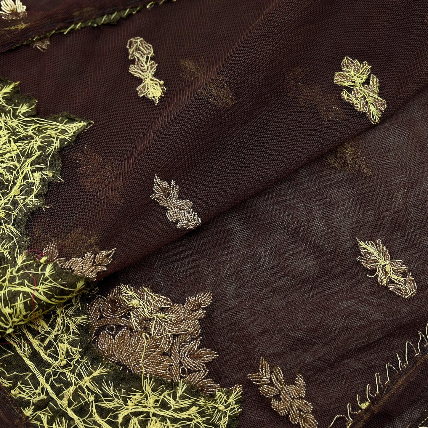 Indian Vintage Brown Dupatta Net Mesh Long Stole Hand Embroidered Scarves Golden Zardozi Zari Sequins Hijab Veil wrap Boho