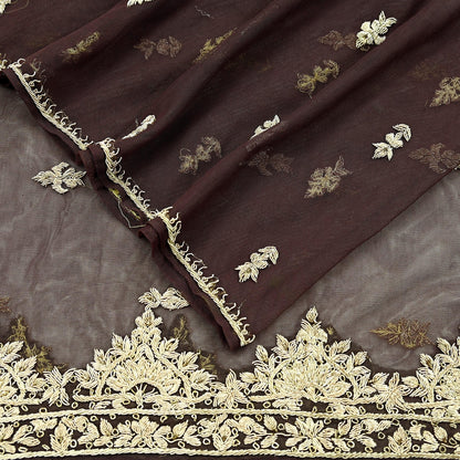 Indian Vintage Brown Dupatta Net Mesh Long Stole Hand Embroidered Scarves Golden Zardozi Zari Sequins Hijab Veil wrap Boho