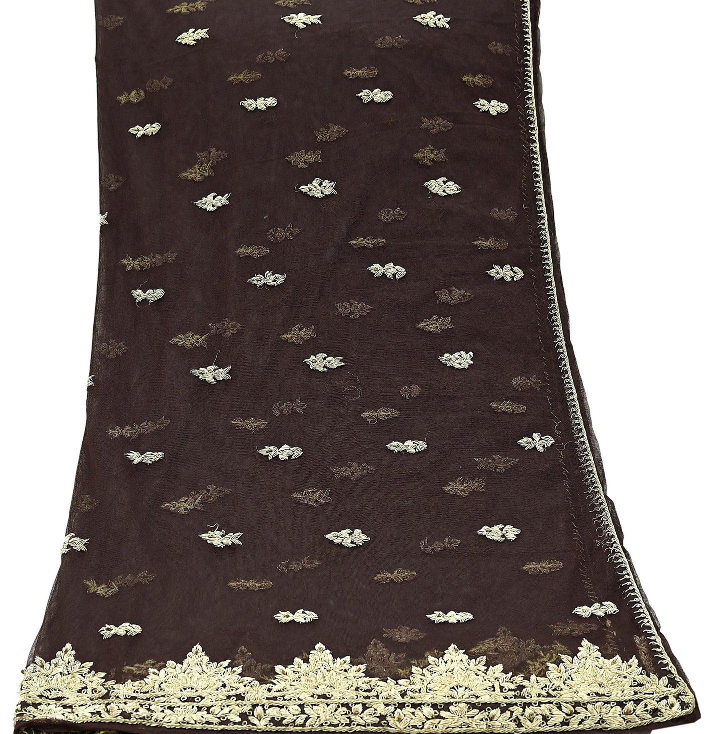 Indian Vintage Brown Dupatta Net Mesh Long Stole Hand Embroidered Scarves Golden Zardozi Zari Sequins Hijab Veil wrap Boho