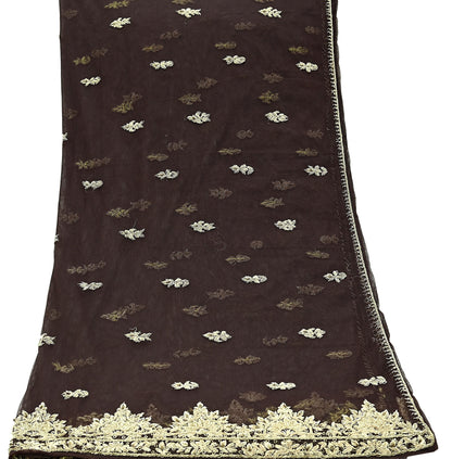 Indian Vintage Brown Dupatta Net Mesh Long Stole Hand Embroidered Scarves Golden Zardozi Zari Sequins Hijab Veil wrap Boho