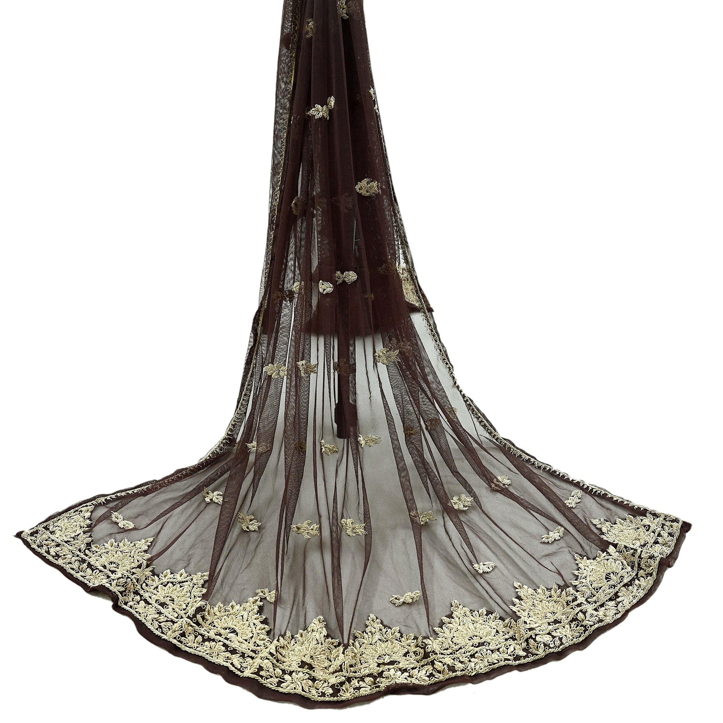 Indian Vintage Brown Dupatta Net Mesh Long Stole Hand Embroidered Scarves Golden Zardozi Zari Sequins Hijab Veil wrap Boho