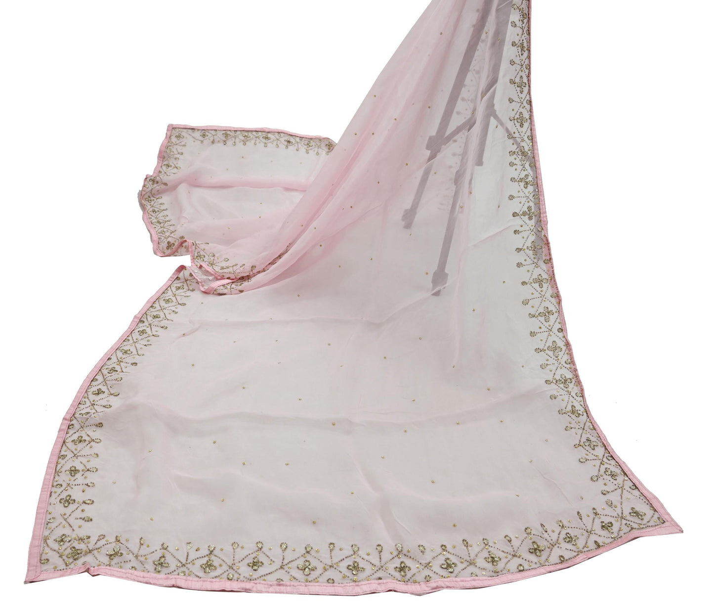 Indian Vintage Pink Dupatta Organza Long Stole Hand Embroidered Scarves Veil Soft Floral Design Wrap Boho Party wear