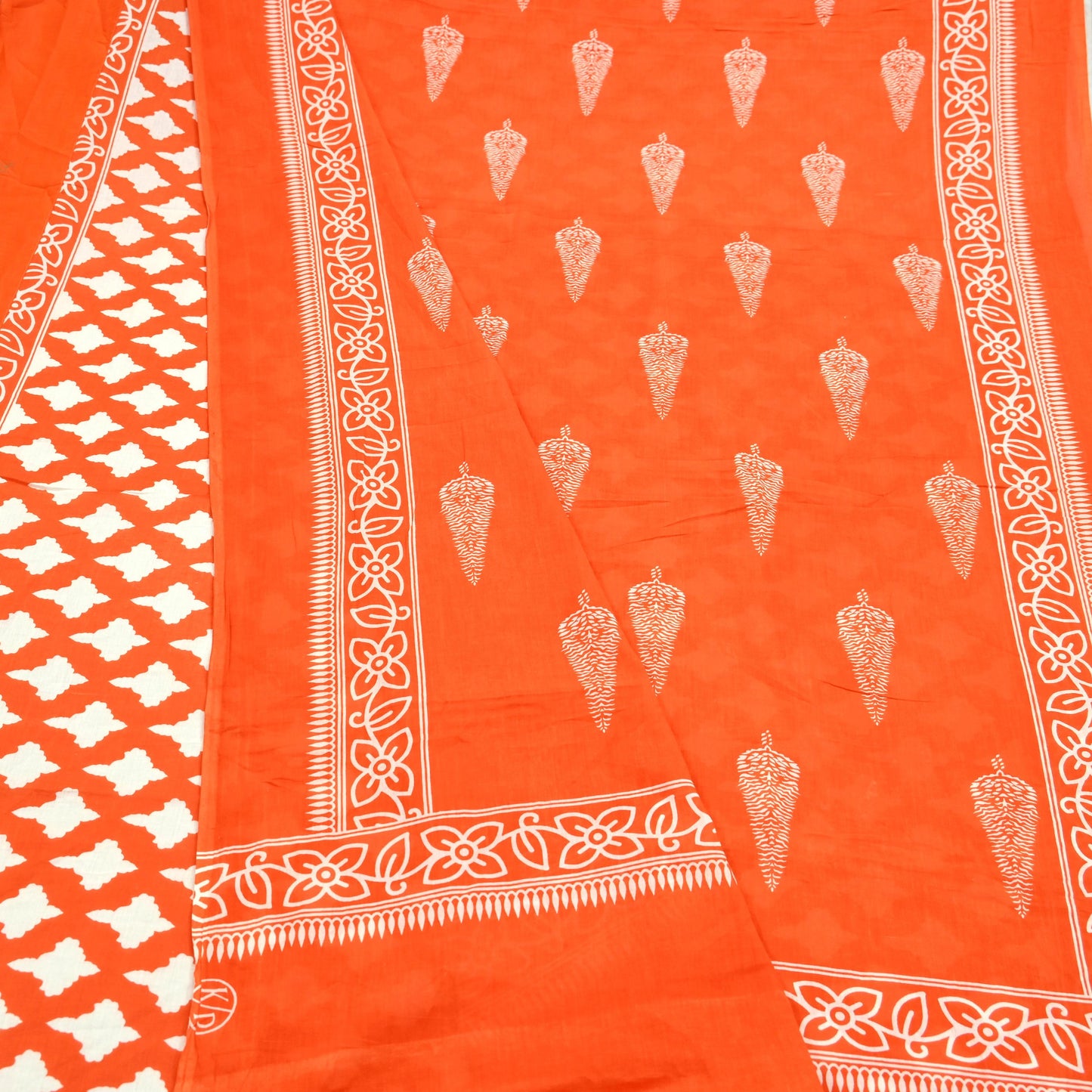 Indian Vintage Sari Orange & White Printed Pure Cotton Saree Craft Fabric 5Yd Soft Sewing Sarong Wrap Boho Dress making Crafting Quilting