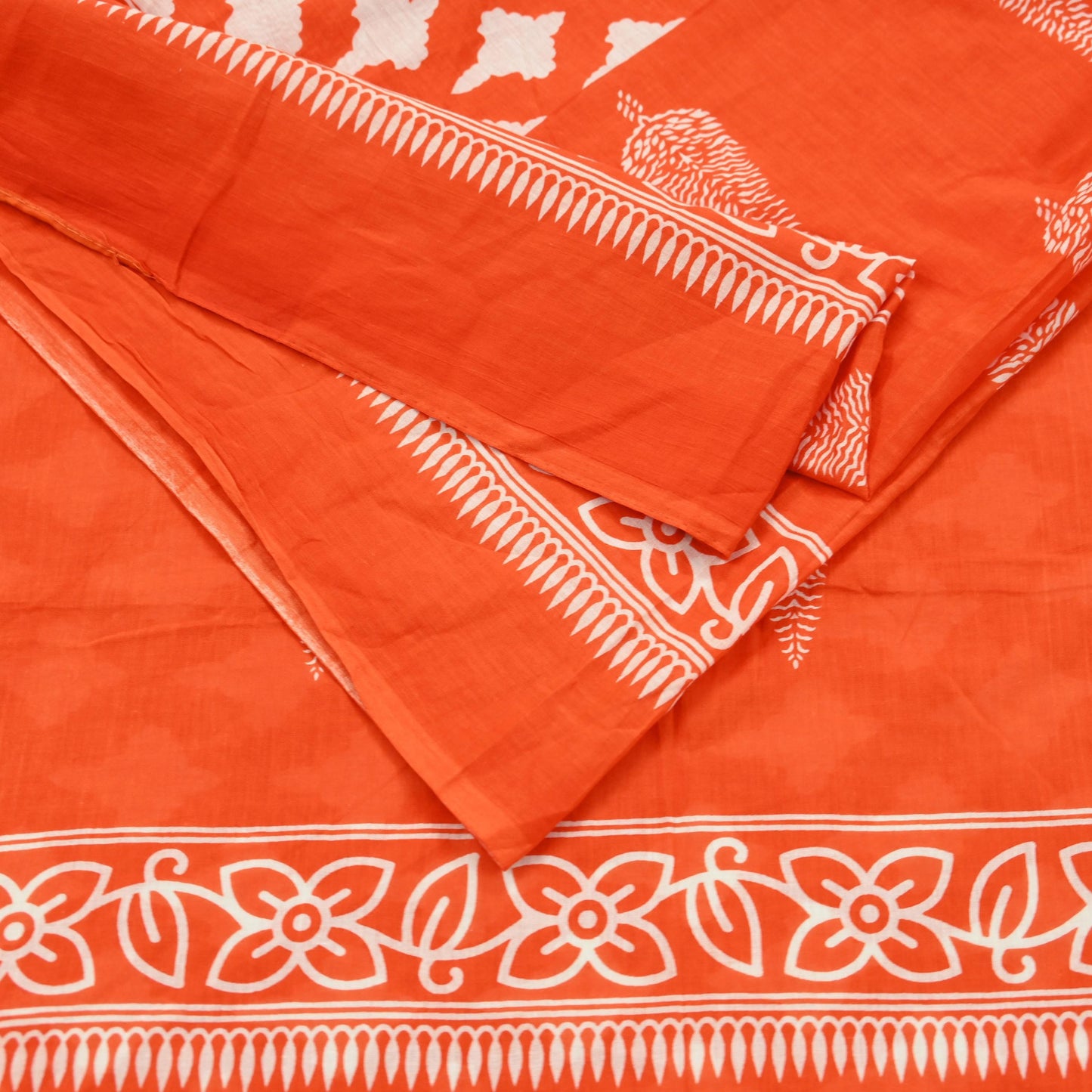 Indian Vintage Sari Orange & White Printed Pure Cotton Saree Craft Fabric 5Yd Soft Sewing Sarong Wrap Boho Dress making Crafting Quilting