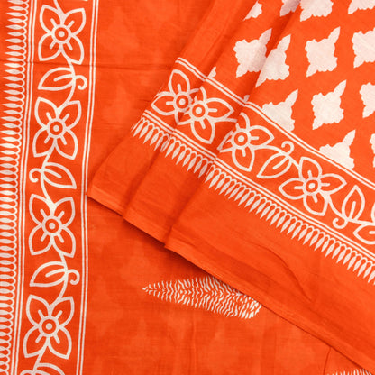 Indian Vintage Sari Orange & White Printed Pure Cotton Saree Craft Fabric 5Yd Soft Sewing Sarong Wrap Boho Dress making Crafting Quilting