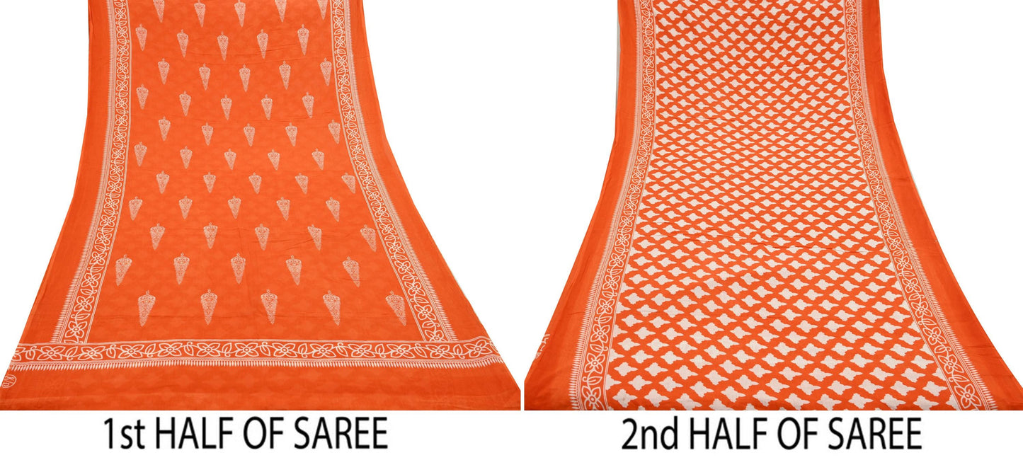 Indian Vintage Sari Orange & White Printed Pure Cotton Saree Craft Fabric 5Yd Soft Sewing Sarong Wrap Boho Dress making Crafting Quilting