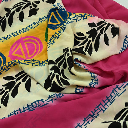 Indian Vintage Sari Ivory & Pink Pure Crepe Silk Printed Saree 5yard Sewing Floral Soft Craft Fabric Wrap Dress making Crafting Quilting