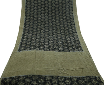 Indian Vintage Sari Green & Black Pure Crepe Silk Printed Sarees 5yd Sewing Floral Soft Craft Fabric Wrap Dress making Crafting Quilting