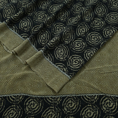 Indian Vintage Sari Green & Black Pure Crepe Silk Printed Sarees 5yd Sewing Floral Soft Craft Fabric Wrap Dress making Crafting Quilting