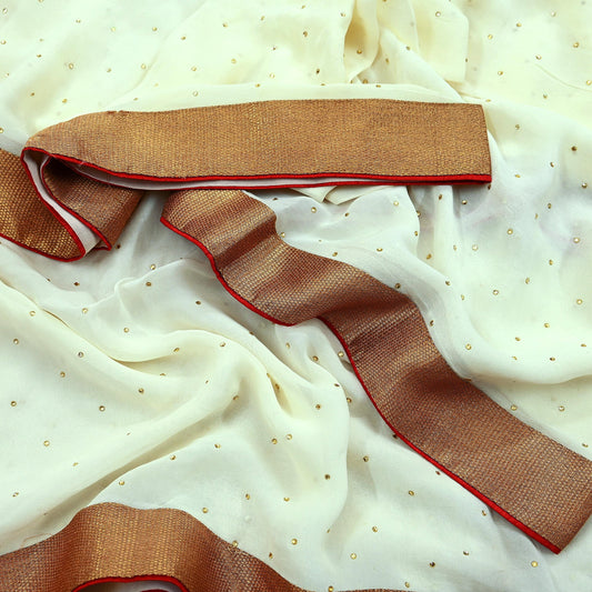 Indian Vintage Ivory Dupatta Pure Georgette silk Long Stole Hand Embroidered Scarves Stole Veil Wrap Sequins
