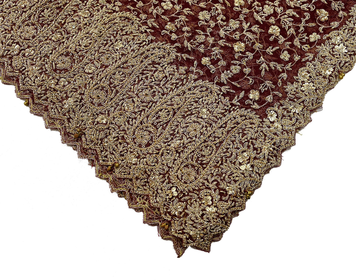 Indian Vintage Heavy Wedding Maroon Dupatta Net Mesh Long Stole Hand Embroidered Scarves Golden Zardozi Zari Sequins Dridal Veil Hijab