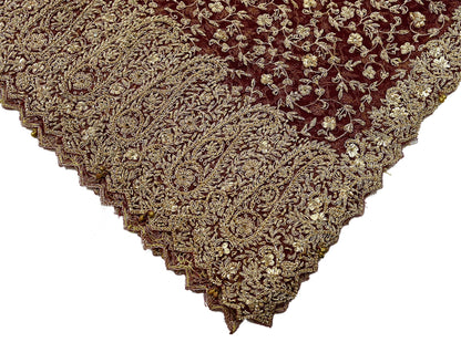 Indian Vintage Heavy Wedding Maroon Dupatta Net Mesh Long Stole Hand Embroidered Scarves Golden Zardozi Zari Sequins Dridal Veil Hijab