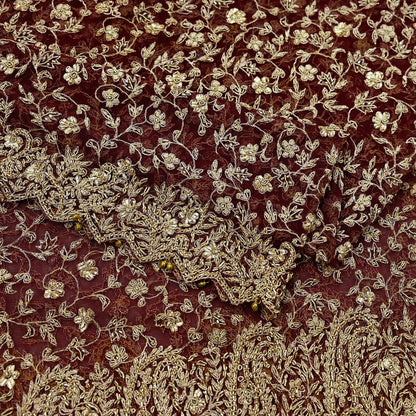 Indian Vintage Heavy Wedding Maroon Dupatta Net Mesh Long Stole Hand Embroidered Scarves Golden Zardozi Zari Sequins Dridal Veil Hijab