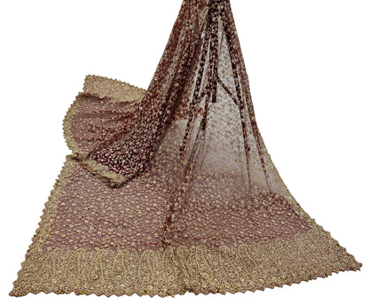 Indian Vintage Heavy Wedding Maroon Dupatta Net Mesh Long Stole Hand Embroidered Scarves Golden Zardozi Zari Sequins Dridal Veil Hijab