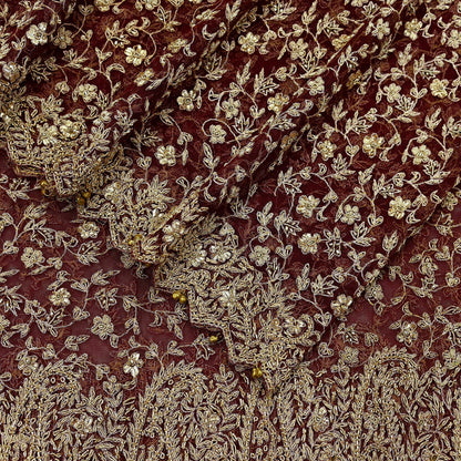 Indian Vintage Heavy Wedding Maroon Dupatta Net Mesh Long Stole Hand Embroidered Scarves Golden Zardozi Zari Sequins Dridal Veil Hijab