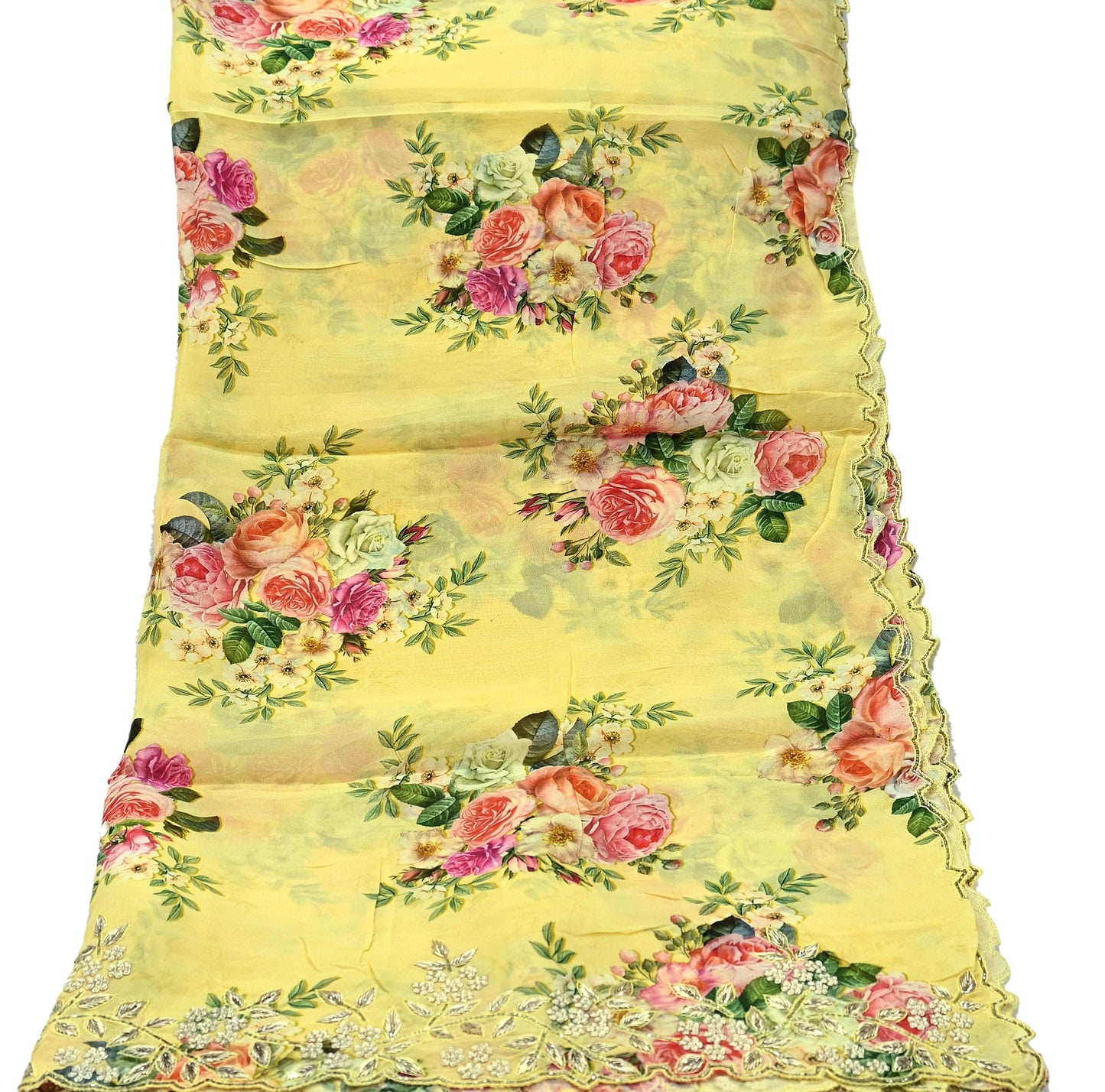 Women Indian Vintage Yellow Dupatta Long Stole Georgette Hand Embroidered Digital Printed Dupatta Veil Scarves soft Boho Wrap Dressmaking
