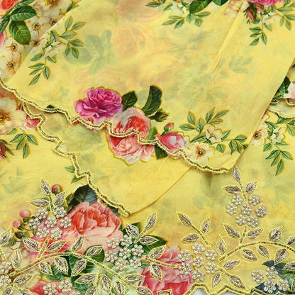 Women Indian Vintage Yellow Dupatta Long Stole Georgette Hand Embroidered Digital Printed Dupatta Veil Scarves soft Boho Wrap Dressmaking